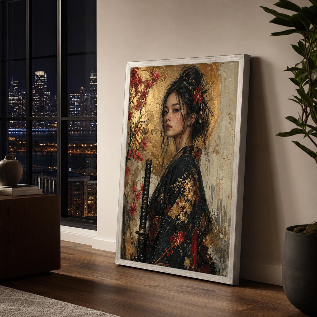 Black and Gold Kimono Geisha Canvas Wall Art, Elegant, Floral Accents