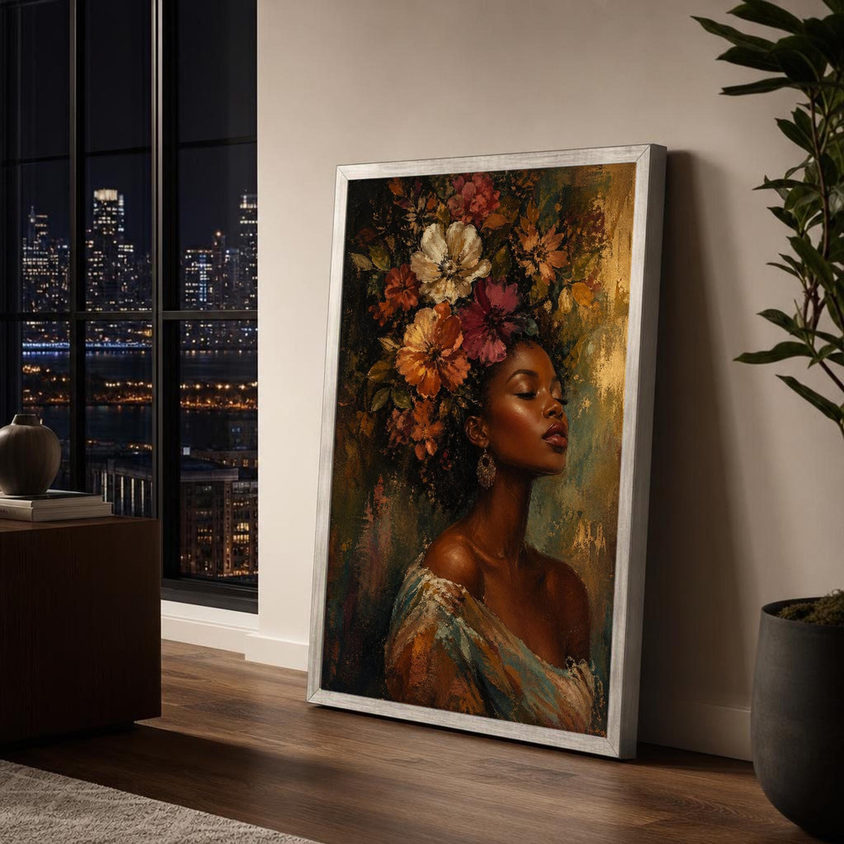 Floral Female Portrait Canvas Wall Art, Warm and Inviting