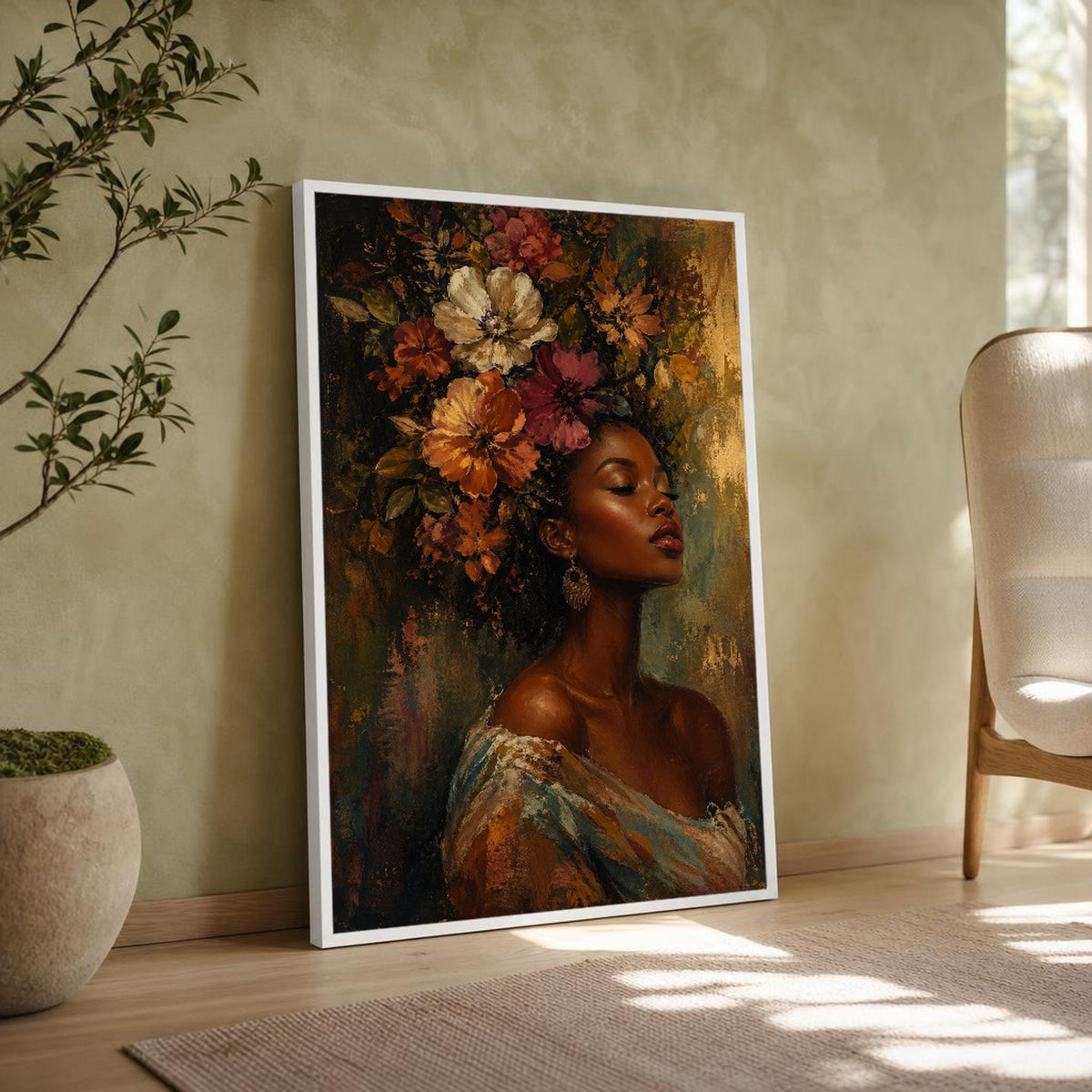 Floral Female Portrait Canvas Wall Art, Warm and Inviting