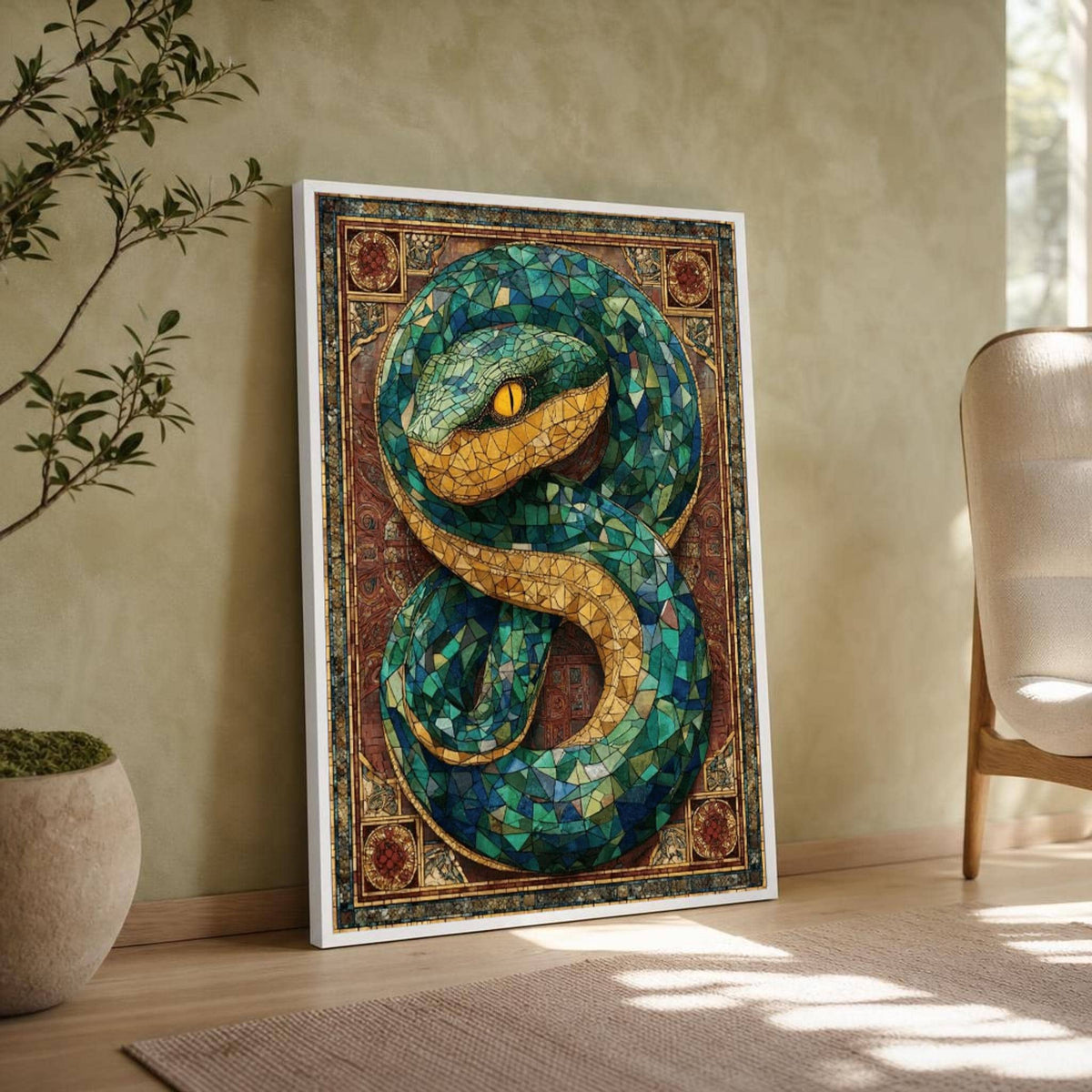 Green and Yellow Snake Canvas Wall Art, Intricate, Mosaic