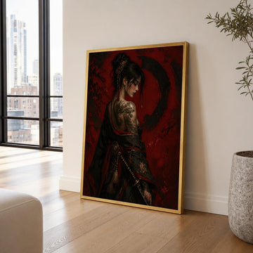 Red and Black Samurai Woman Canvas Wall Art, Japanese Warrior Portrait, Mysterious