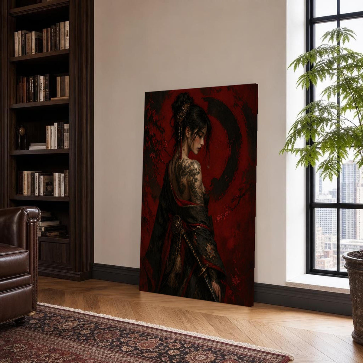 Red and Black Samurai Woman Canvas Wall Art, Japanese Warrior Portrait, Mysterious