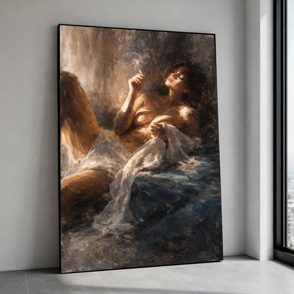 Sensual Woman Smoking Canvas Art, Nude Figure Painting, Romantic Home Decor, Intimate Wall Art, Style Canvas Canvas Print Art