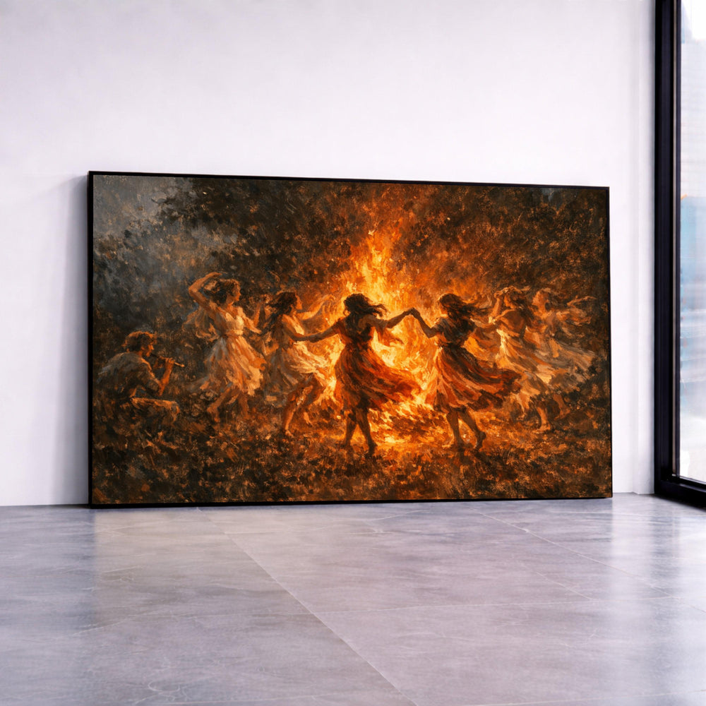 Bohemian Women Dancing Around Fire Canvas Print, Rustic Celebration Wall Art