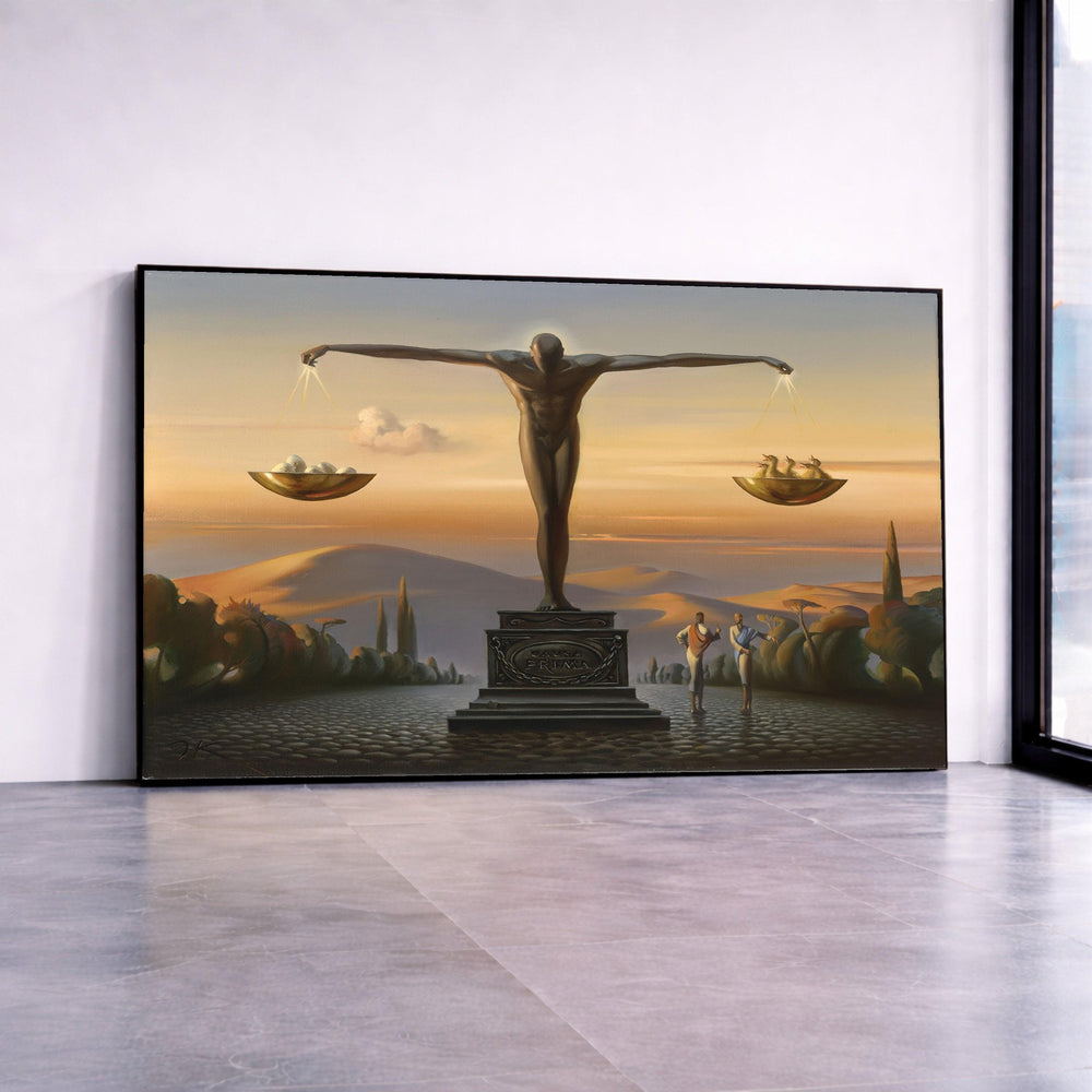 Surreal Balance Statue Canvas Print, Symbolic Landscape Wall Art, Modern Home Decor