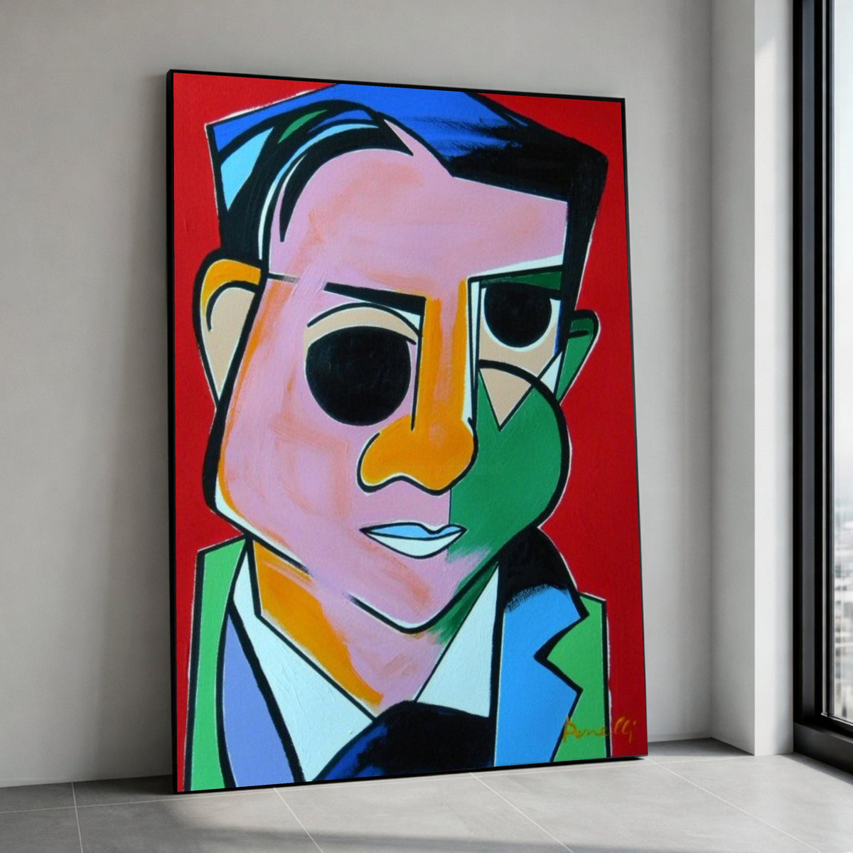 Abstract Cubist Portrait Canvas, Colorful Geometric Face Wall Art