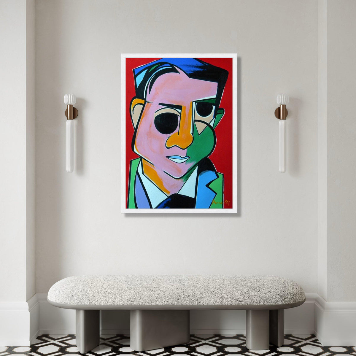Abstract Cubist Portrait Canvas, Colorful Geometric Face Wall Art