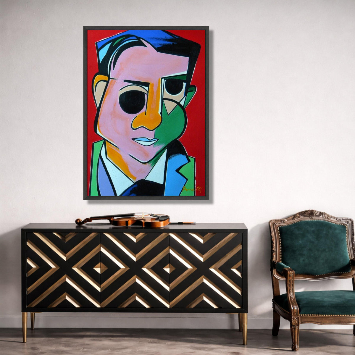 Abstract Cubist Portrait Canvas, Colorful Geometric Face Wall Art