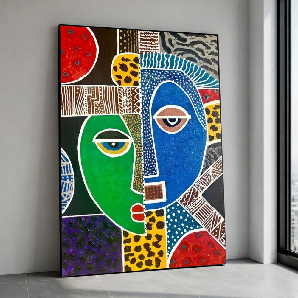 Abstract Tribal Faces Canvas Wall Art, Colorful Geometric Modern Painting
