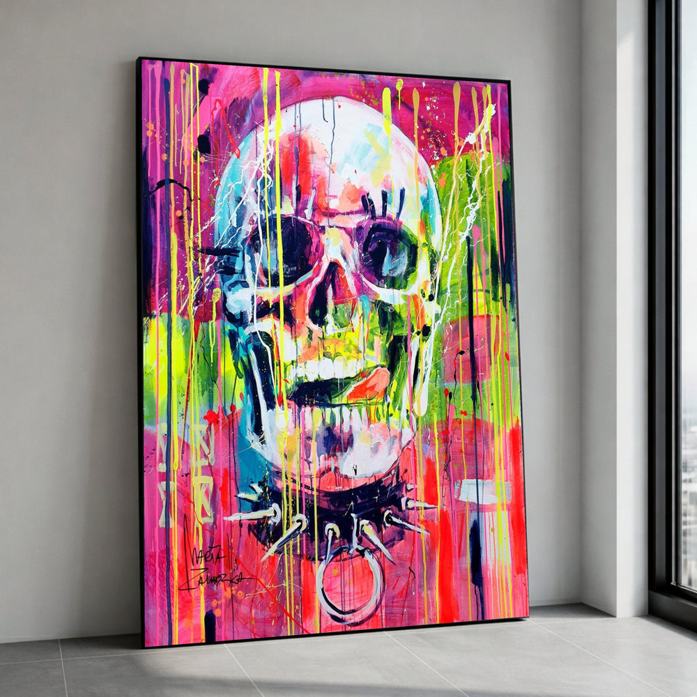 Vibrant Skull Canvas Print, Neon Graffiti Punk Art, Colorful Abstract Wall Decor