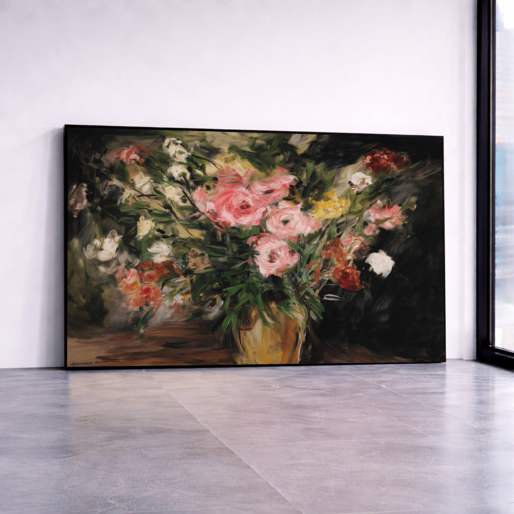 Impressionist Floral Bouquet Canvas Print, Pink Yellow Roses Still Life Wall Art