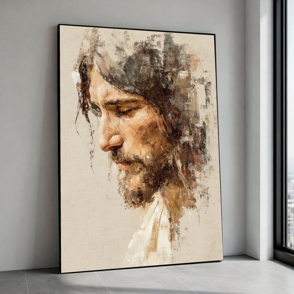 Contemplative Man Portrait Canvas, Abstract Expressionist Face Art, Rustic Home Decor Print