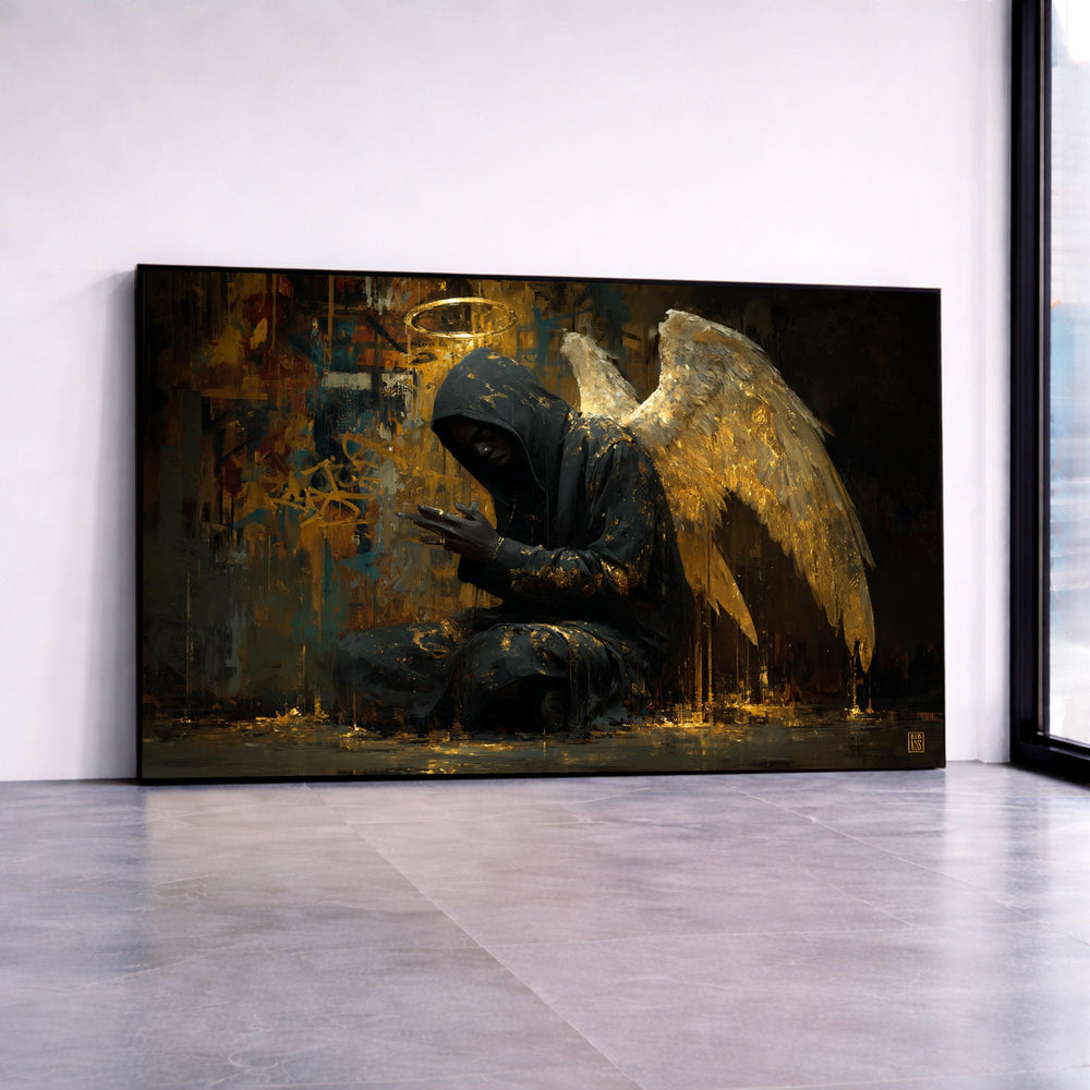 Dark Hooded Angel Canvas Art, Golden Wings Abstract Painting, Urban Spiritual Decor