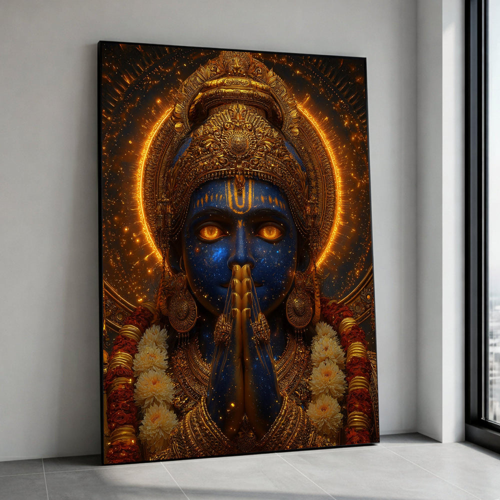 Divine Krishna Canvas Wall Art, Blue Hindu Deity Painting, Spiritual Indian Culture Decor