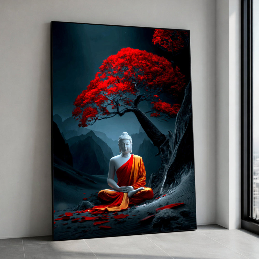 Buddha Meditation Canvas, Red Maple Tree Zen Wall Art, Spiritual Landscape Print