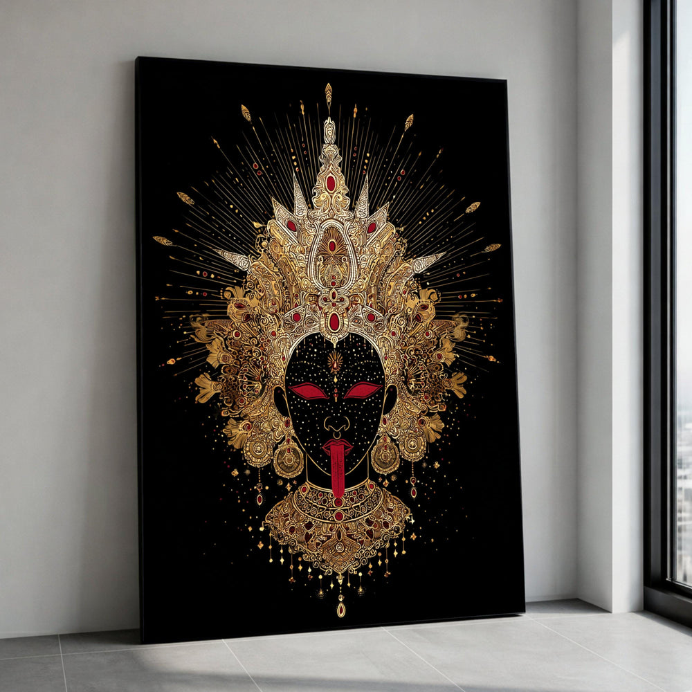 Golden Goddess Kali Canvas Print, Hindu Deity Portrait, Spiritual Indian Art, Mythological Decor