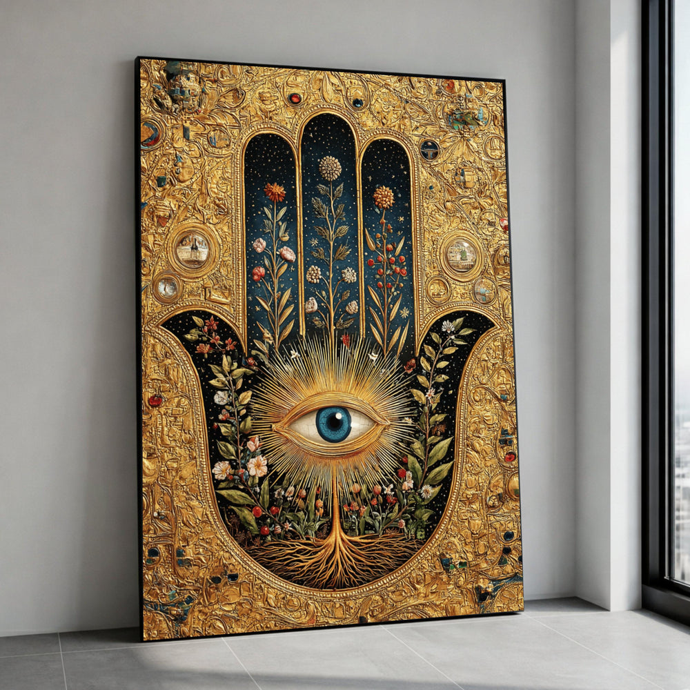 Mystical Hamsa Hand All-Seeing Eye Canvas, Golden Floral Mandala Sacred Geometry Decoration, Boho Print