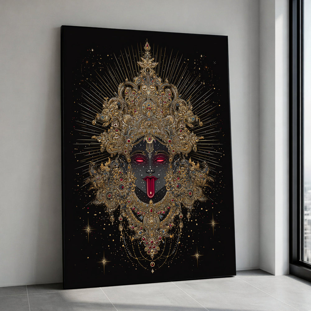 Goddess Kali Canvas Wall Art, Dark Deity Painting, Ornate Gold Print, Spiritual Hindu Decor