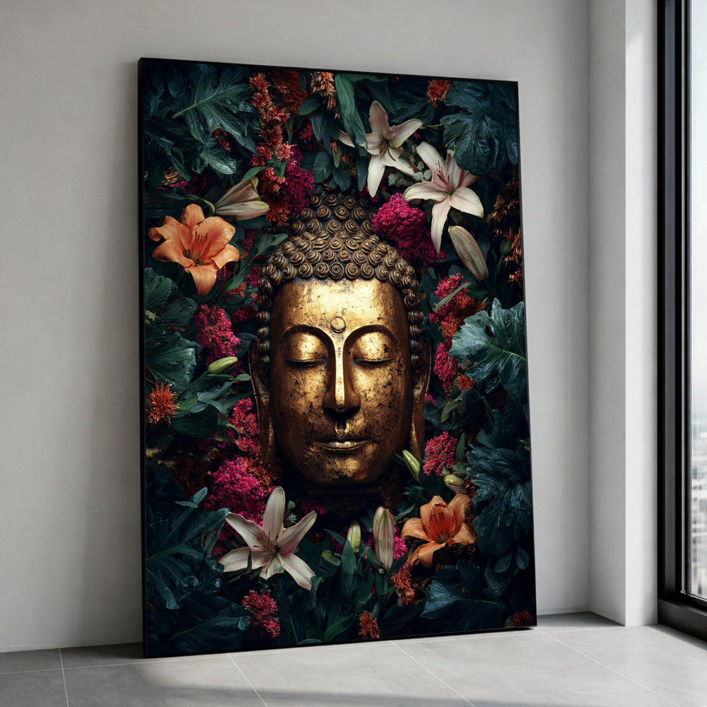 Golden Buddha Floral Canvas, Zen Meditation Wall Art, Spiritual Serenity Print