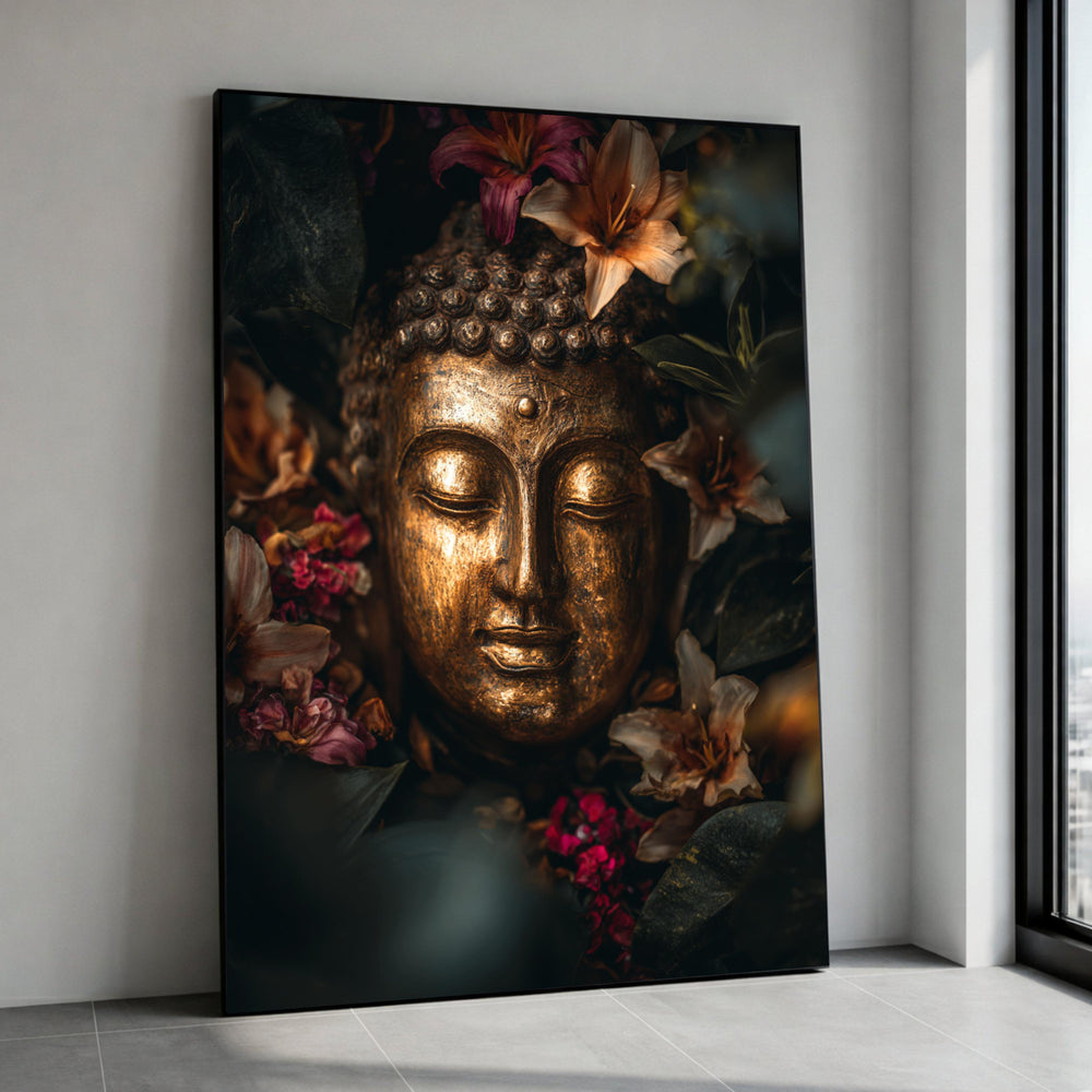 Golden Buddha Face Canvas, Floral Meditation Wall Art, Zen Spiritual Print