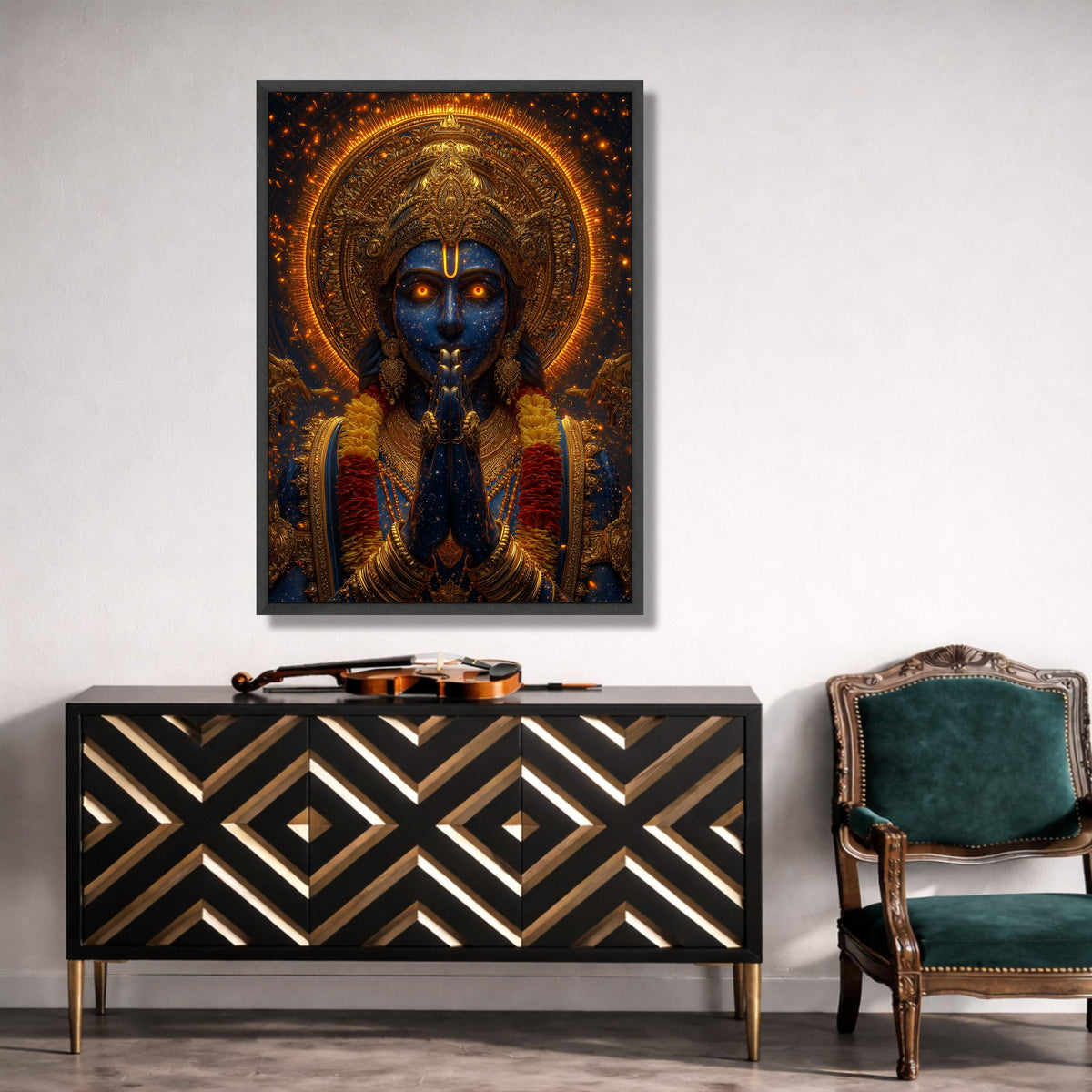 Divine Krishna Cosmic Canvas Art, Gold Embellished Hindu God Wall Decor