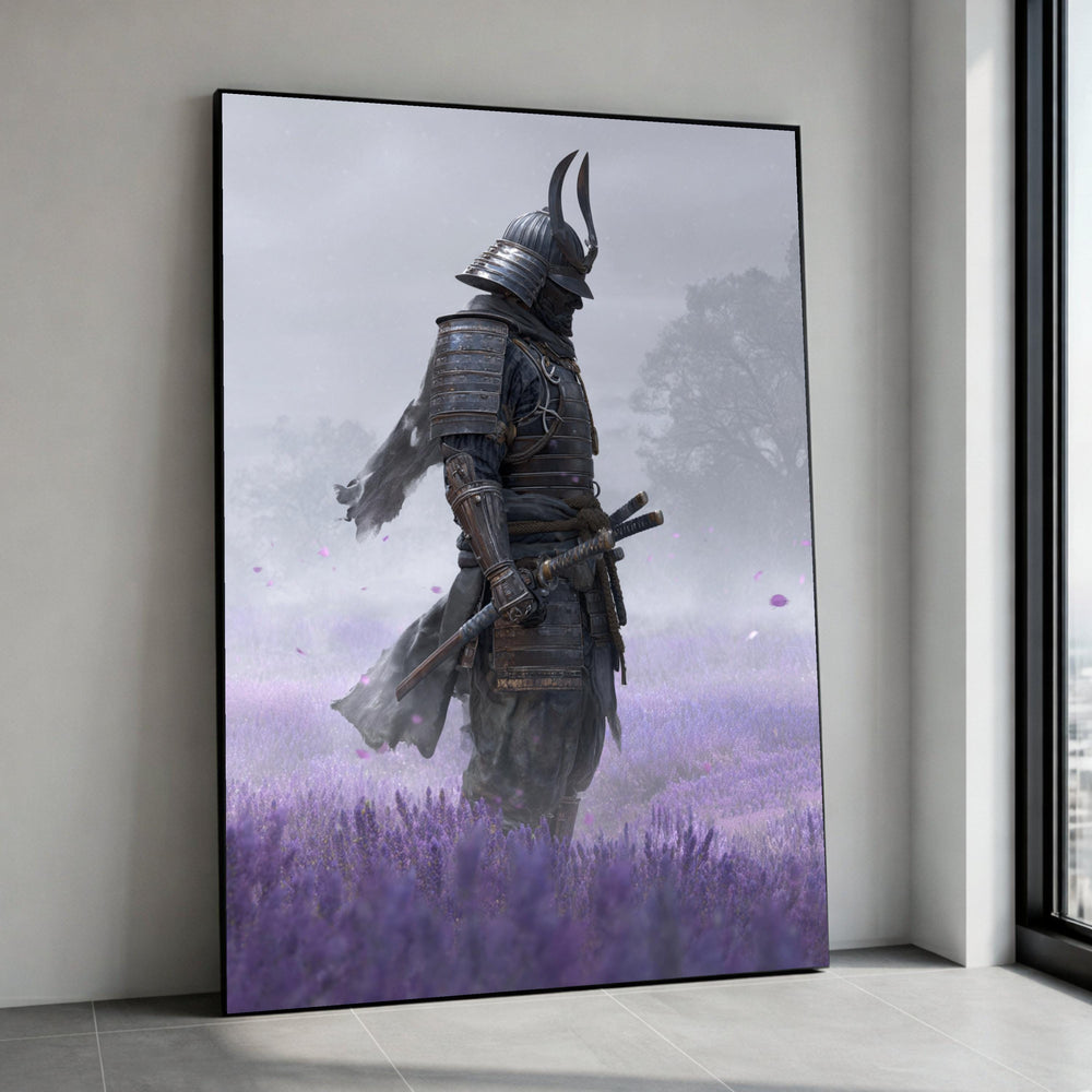 Samurai Warrior Canvas Art, Japanese Armor Print, Lavender Field Scene