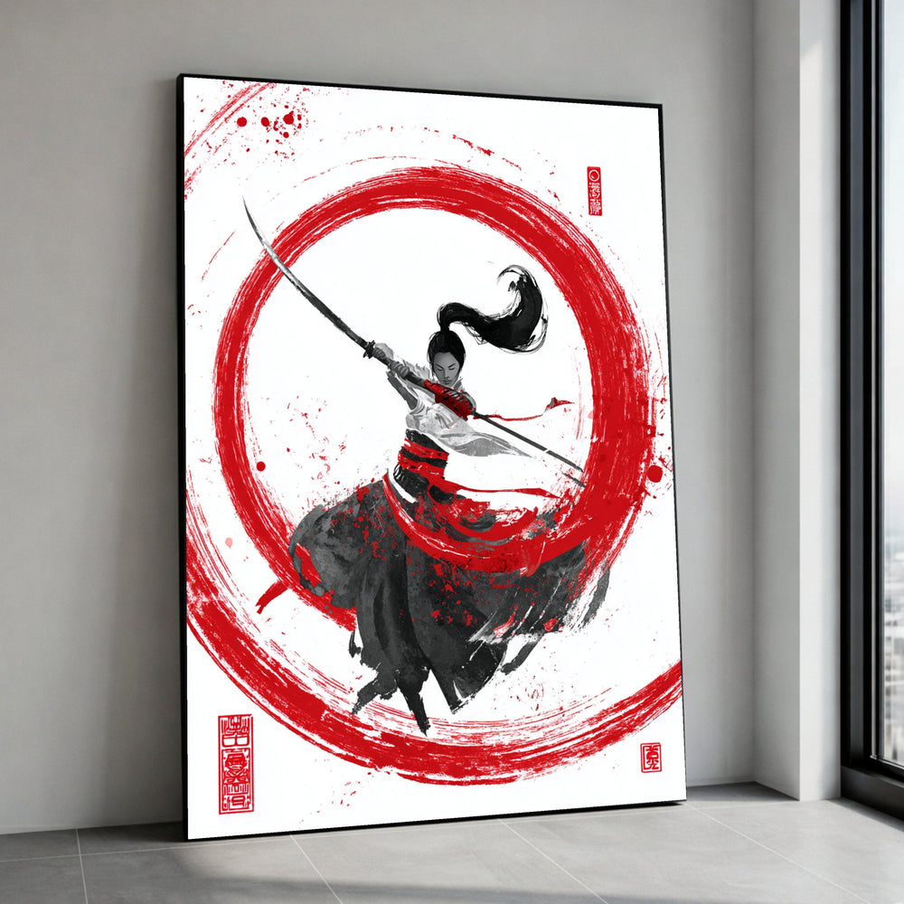 Samurai Warrior Art, Red Circle Sword Japanese Ink Painting, Martial Arts Canvas Print