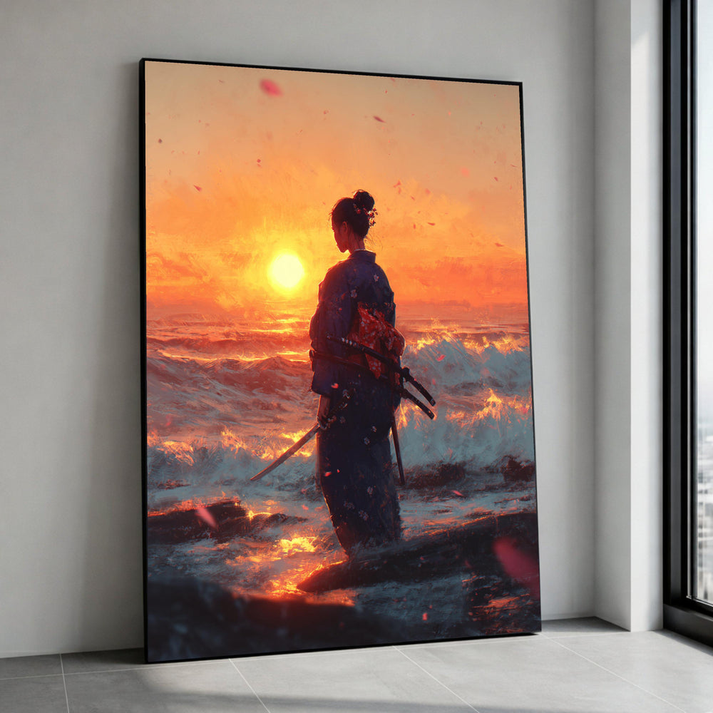 Samurai Woman Sunset Kimono Canvas Art, Ocean Wave Seascape Warrior Print