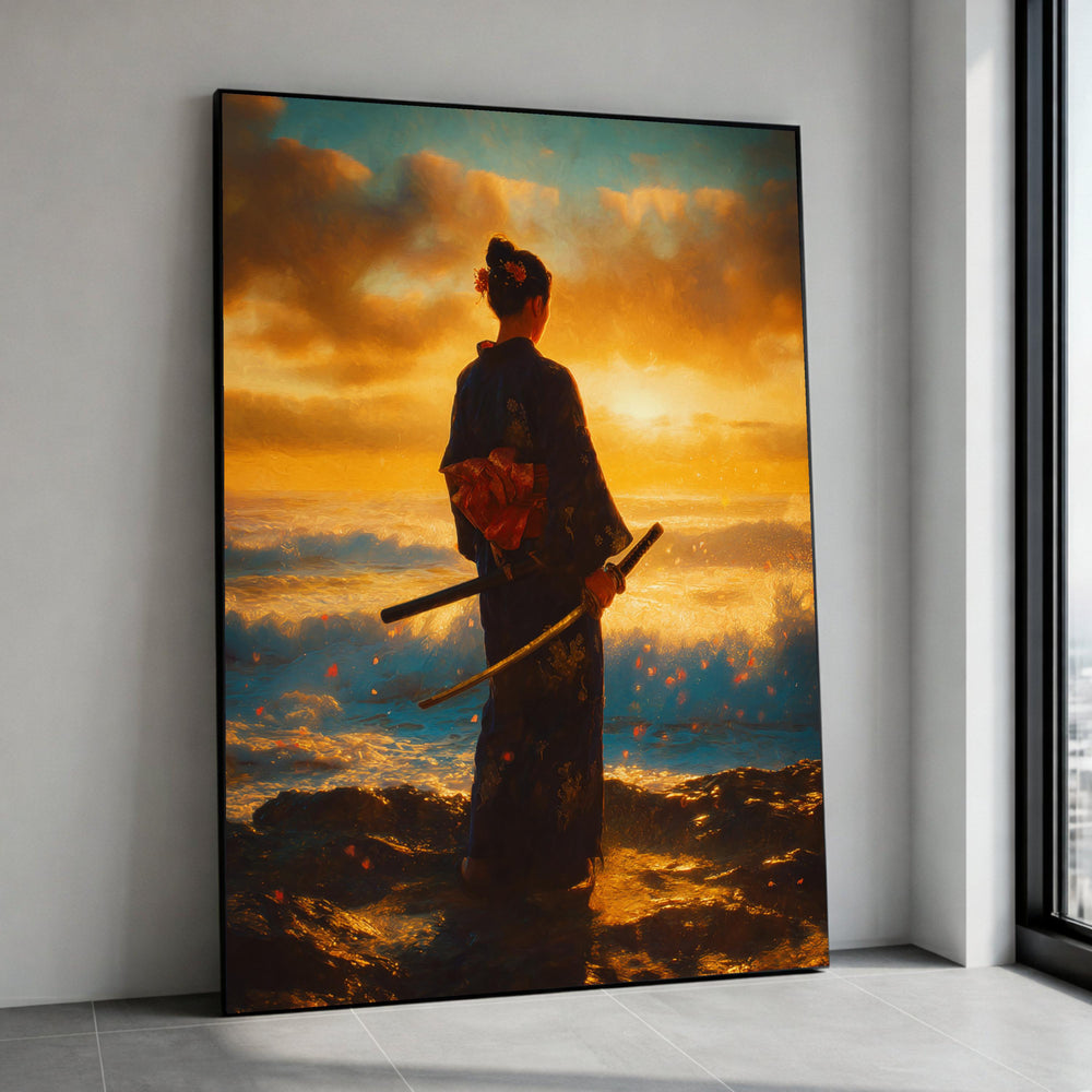 Samurai Woman Canvas Art, Sunset Ocean Kimono Wall Art, Oriental Sword Print