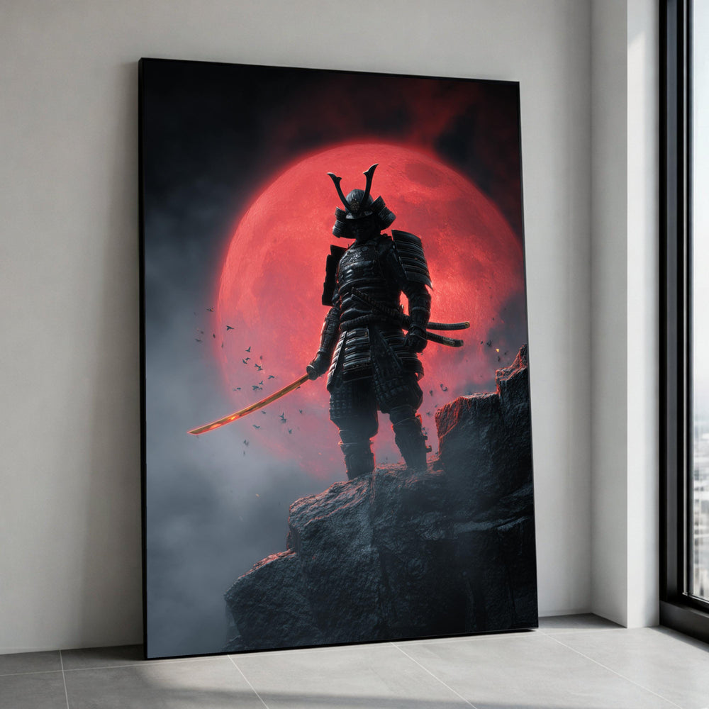 Samurai Warrior Silhouette Canvas Art, Red Moon Japanese Wall Decor