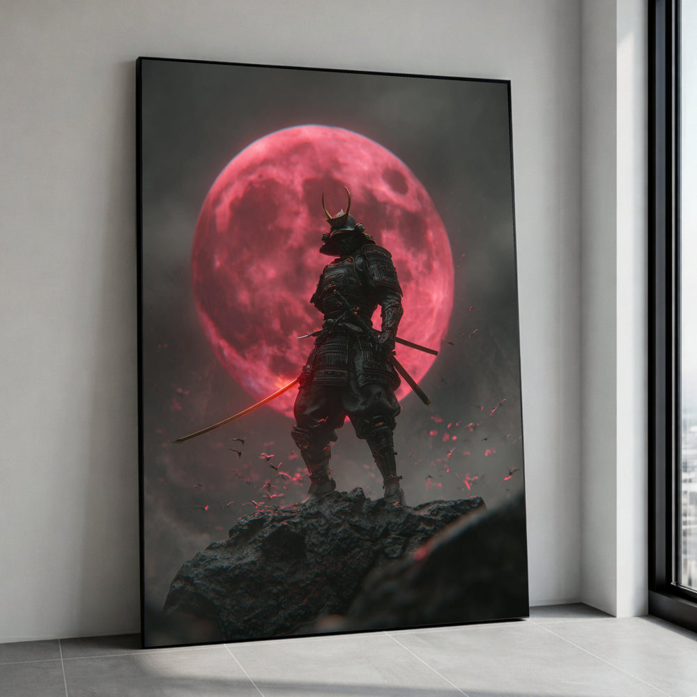 Samurai Warrior Canvas Art, Red Moon Japanese Armor Print, Fantasy Battle Scene