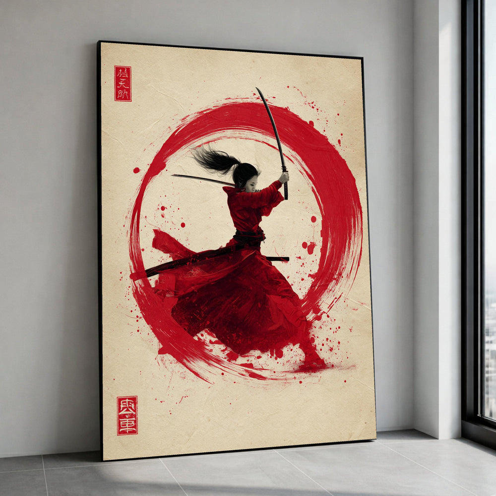 Samurai Warrior Canvas Art, Red Ink Circle Japanese Sword Fighter Print