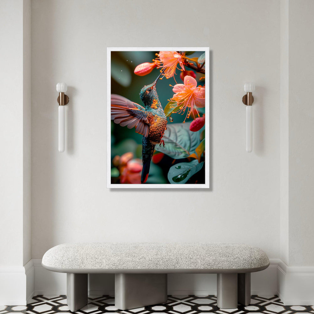 Vibrant Hummingbird Pink Flowers Canvas Print, Tropical Nature Wildlife Art