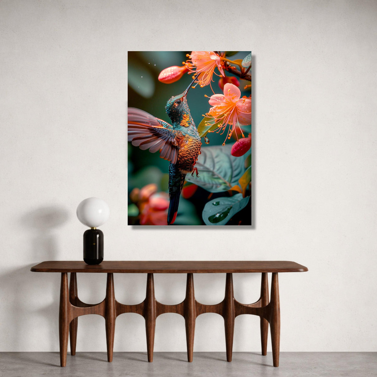 Vibrant Hummingbird Pink Flowers Canvas Print, Tropical Nature Wildlife Art