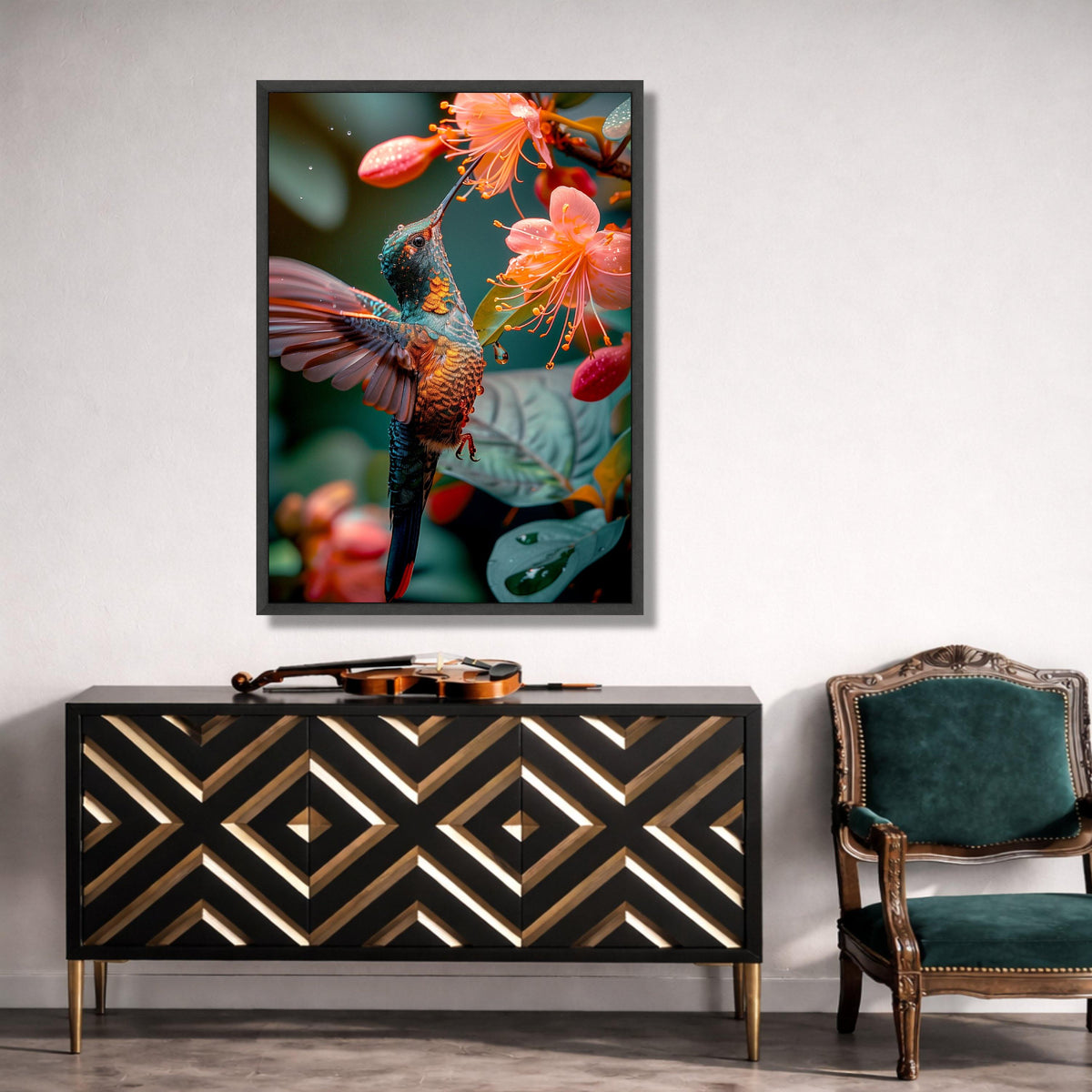 Vibrant Hummingbird Pink Flowers Canvas Print, Tropical Nature Wildlife Art