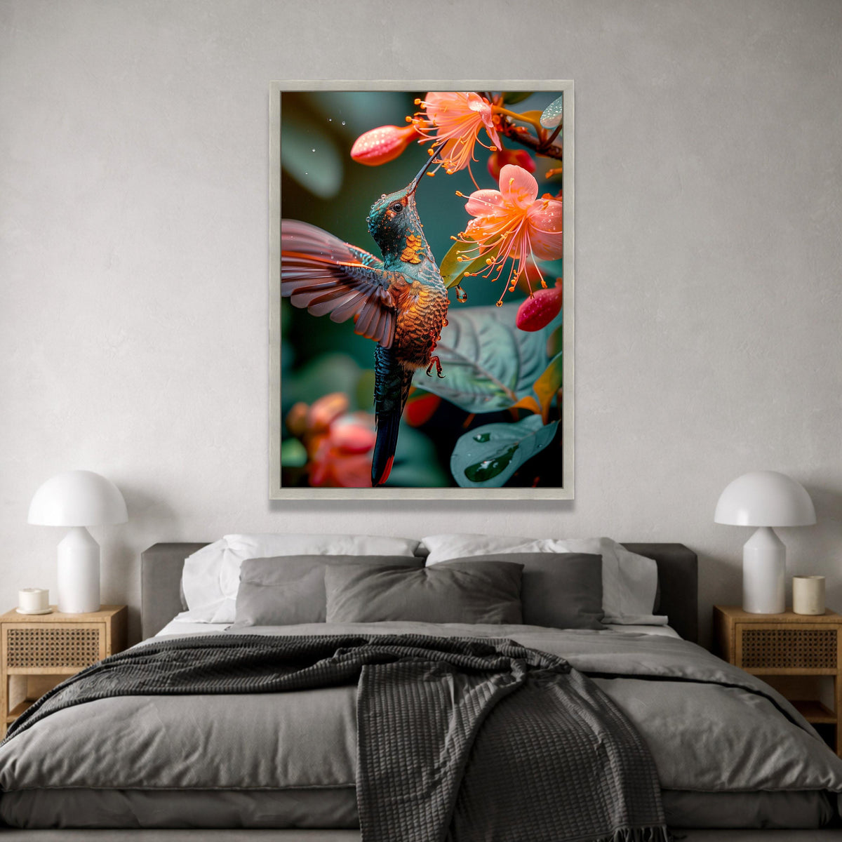 Vibrant Hummingbird Pink Flowers Canvas Print, Tropical Nature Wildlife Art