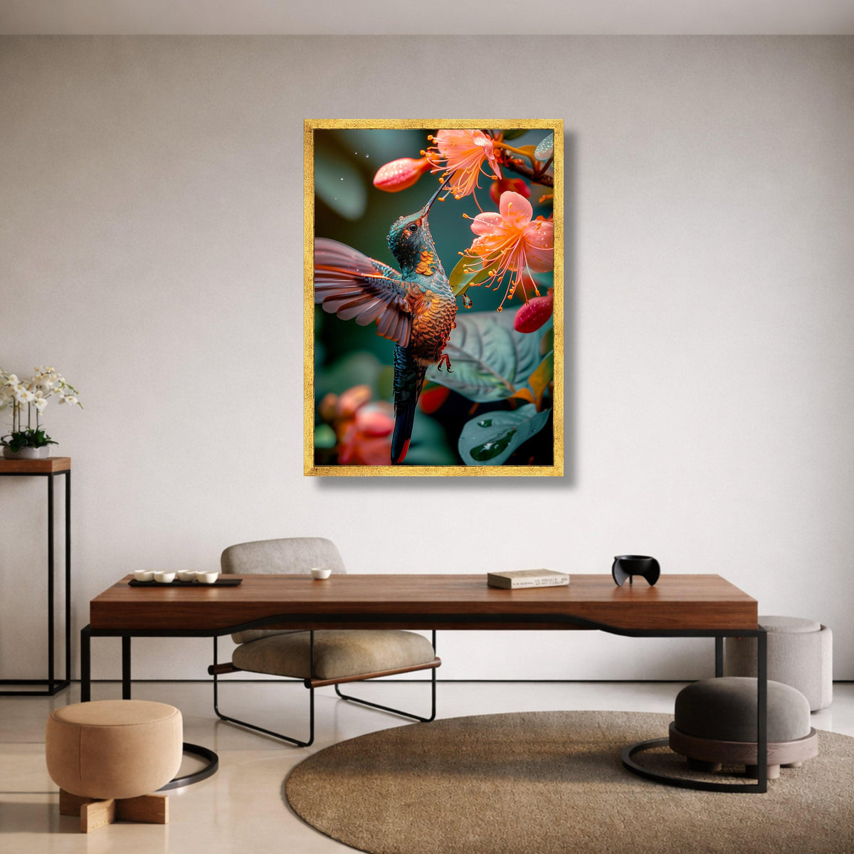 Vibrant Hummingbird Pink Flowers Canvas Print, Tropical Nature Wildlife Art
