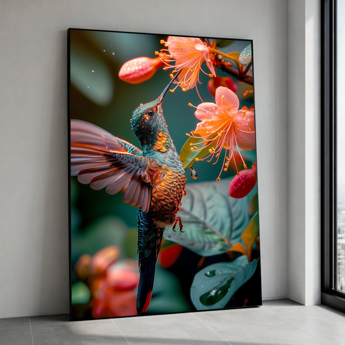 Vibrant Hummingbird Pink Flowers Canvas Print, Tropical Nature Wildlife Art