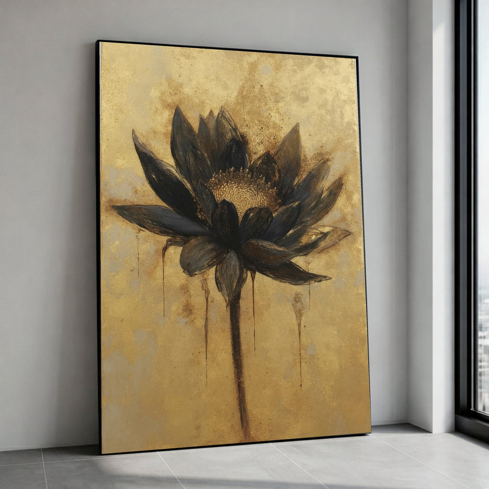 Dark Sunflower Abstract Canvas Art, Gold Accent Botanical Print, Modern Wall Decor