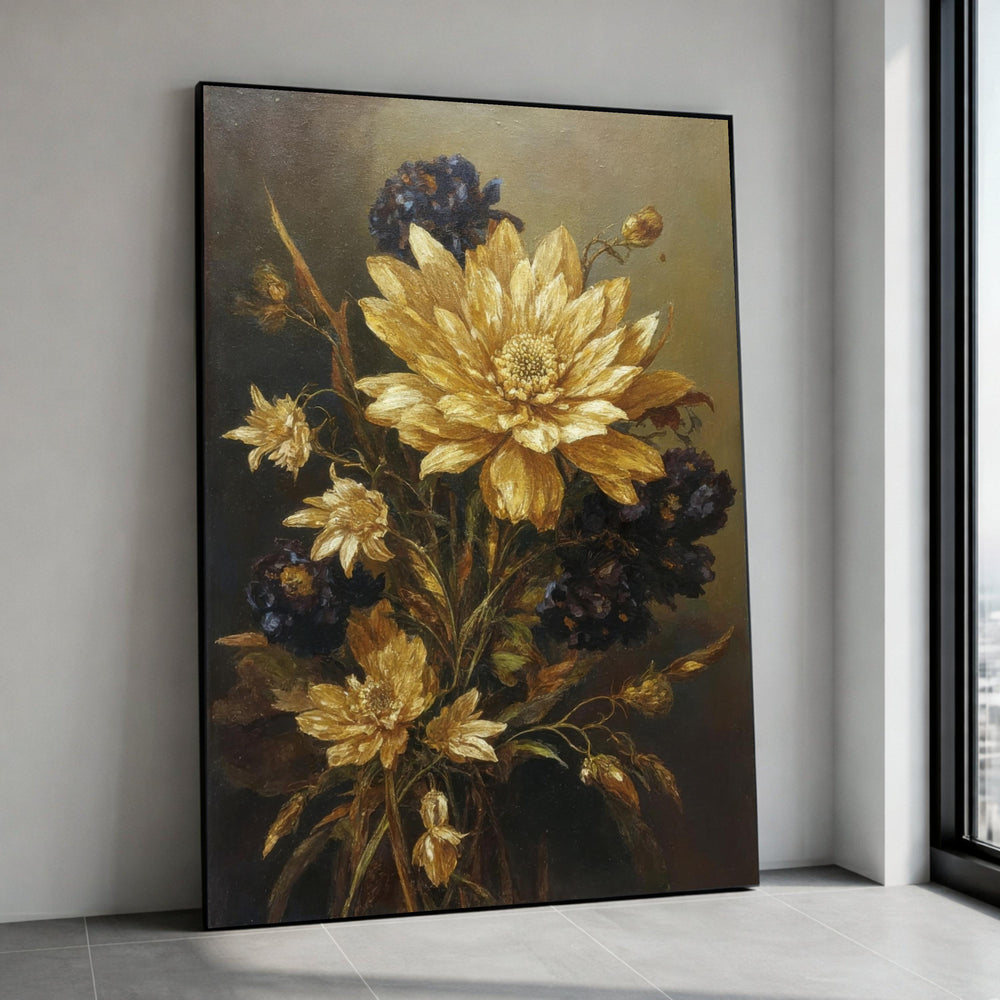 Vintage Golden Floral Bouquet Canvas Print, Classic Botanical Wall Art