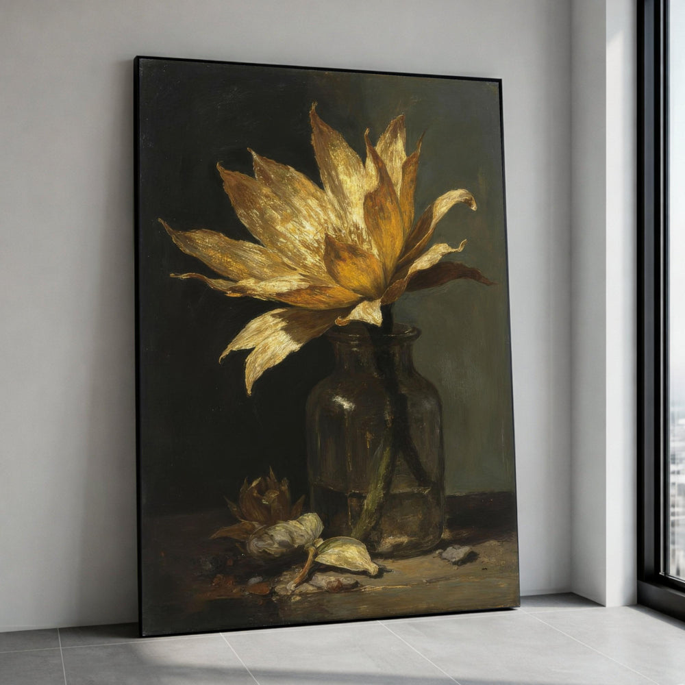 Golden Dried Flower Still Life Canvas Print, Vintage Botanical Vase Art