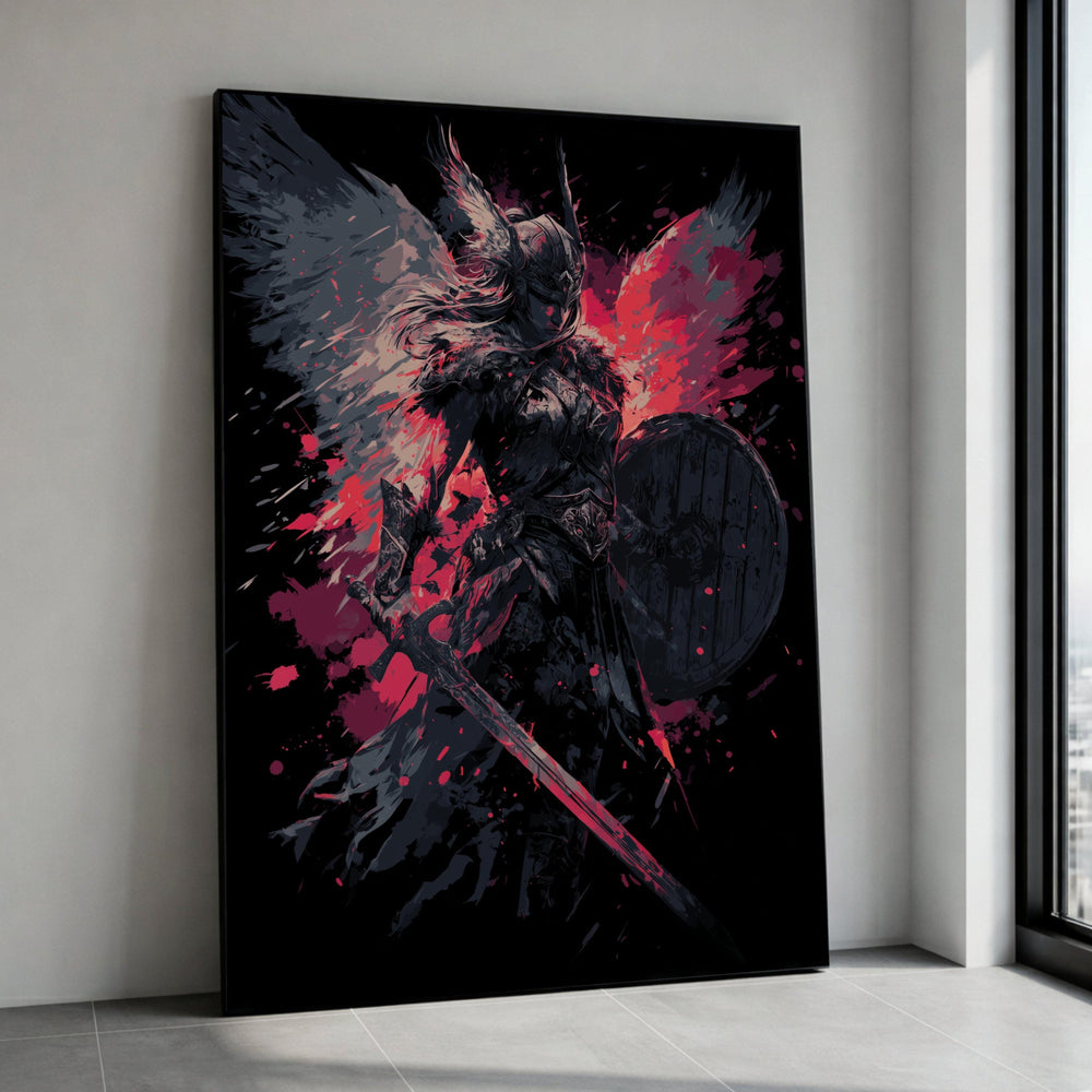 Dark Valkyrie Warrior Canvas Art, Gothic Nordic Mythology Print, Fantasy Sword Shield Home Decor