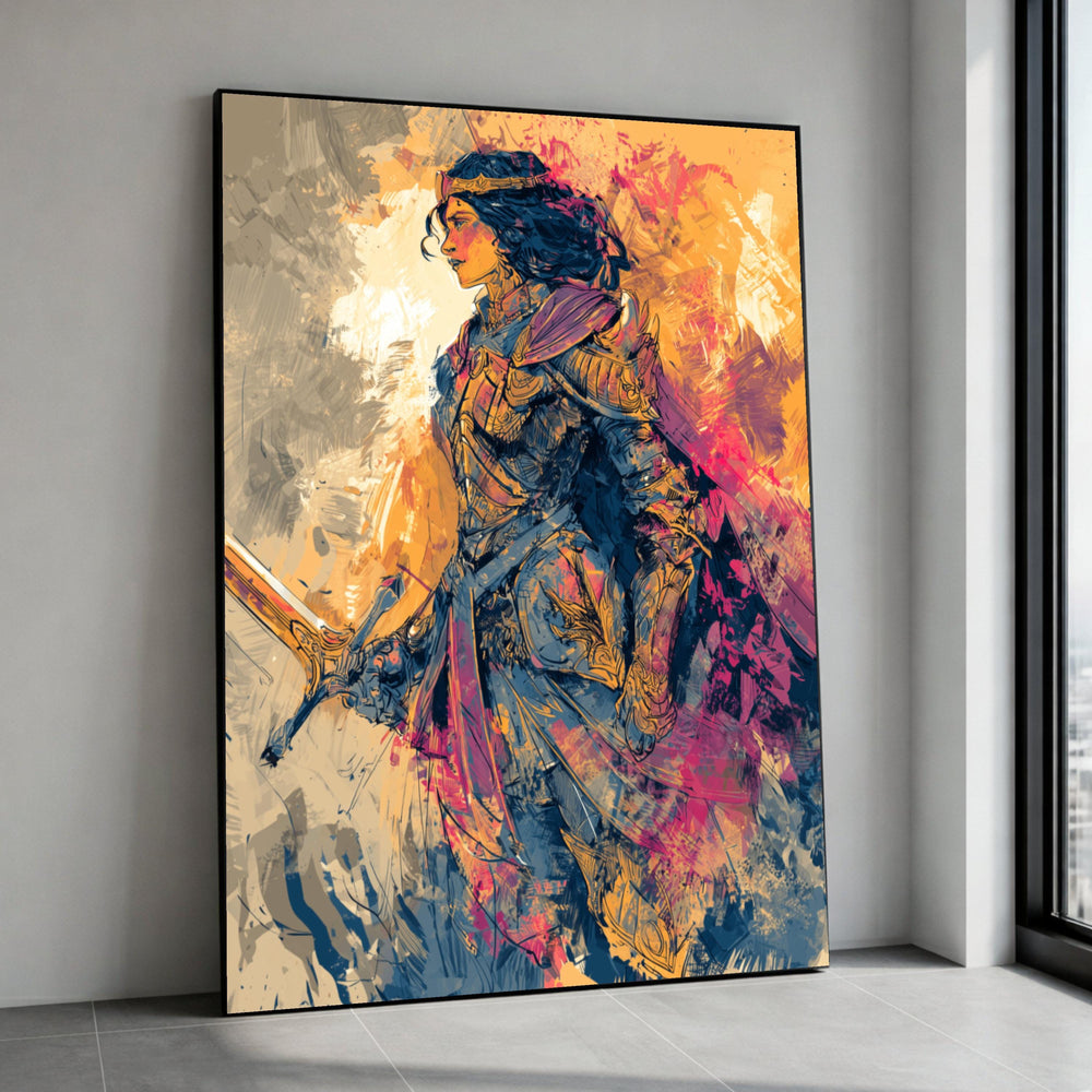 Fierce Warrior Queen Canvas Art, Fantasy Armor Illustration, Medieval Sword Artwork, Bold Heroine Home