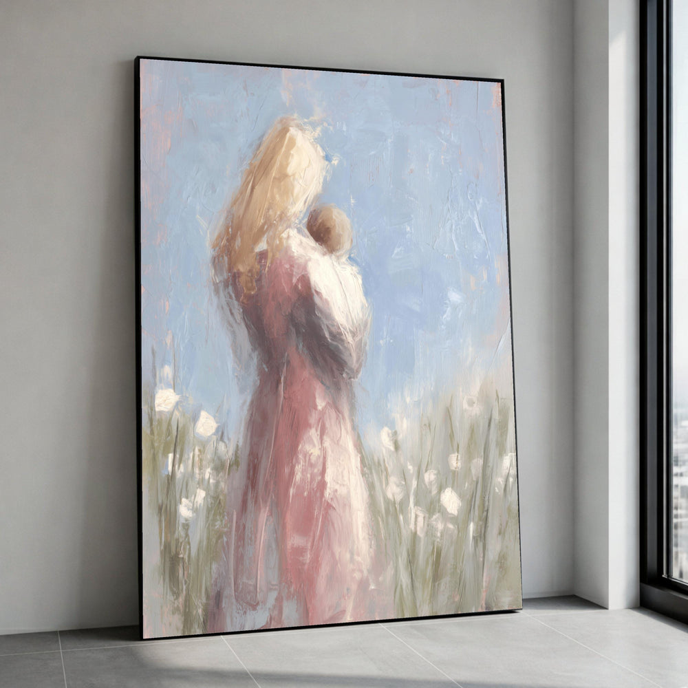 Impressionist Mother Child Canvas Art, Soft Pastel Family Embrace Painting, Nursery Wall Decor