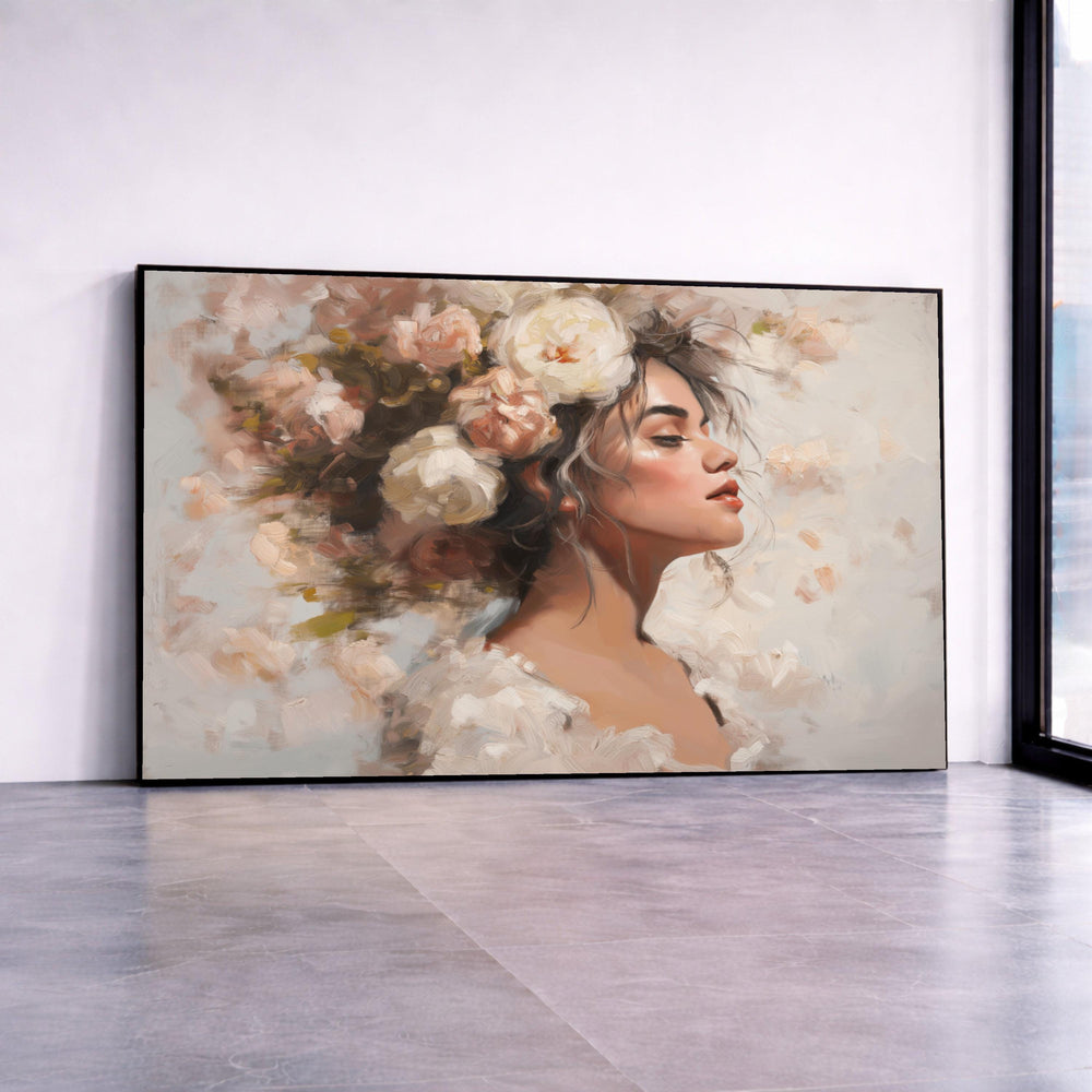 Woman Profile Portrait Canvas, Floral Crown Impressionist Art, Feminine Beauty Print