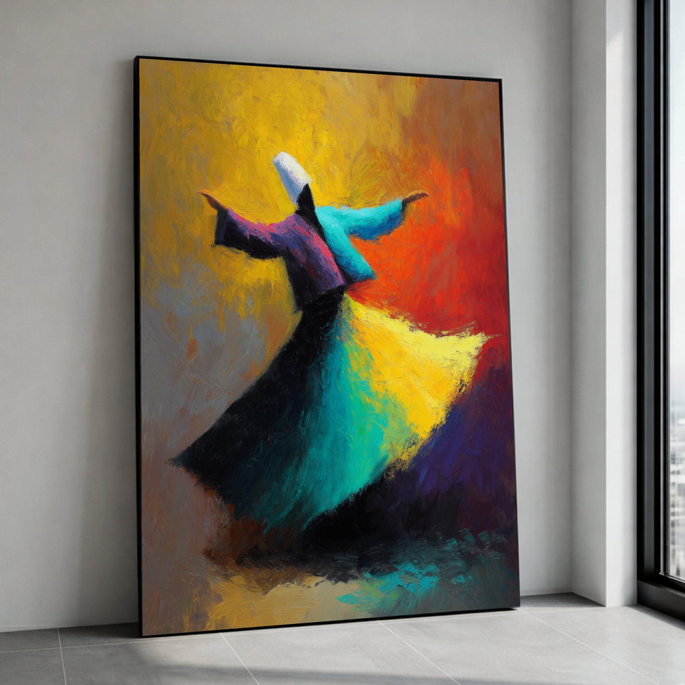 Vibrant Whirling Dervish Canvas, Abstract Dance Art, Colorful Sufi Spinning Painting, Spiritual Wall Decor, Expressive Canvas Print Art