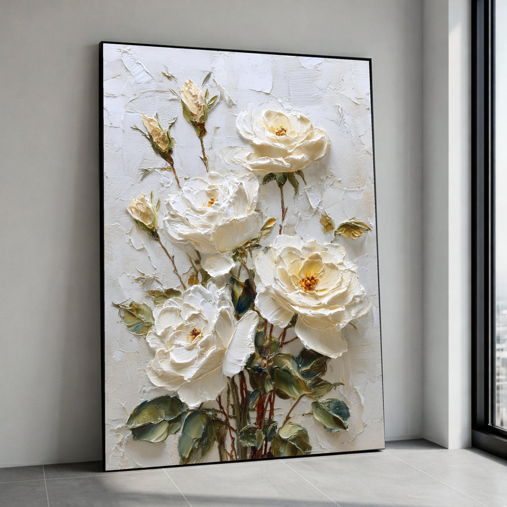 Elegant White Roses Canvas Wall Art, Floral Painting, Embossed Flower Decor, Classic Garden Style Canvas for Home Canvas Print Art