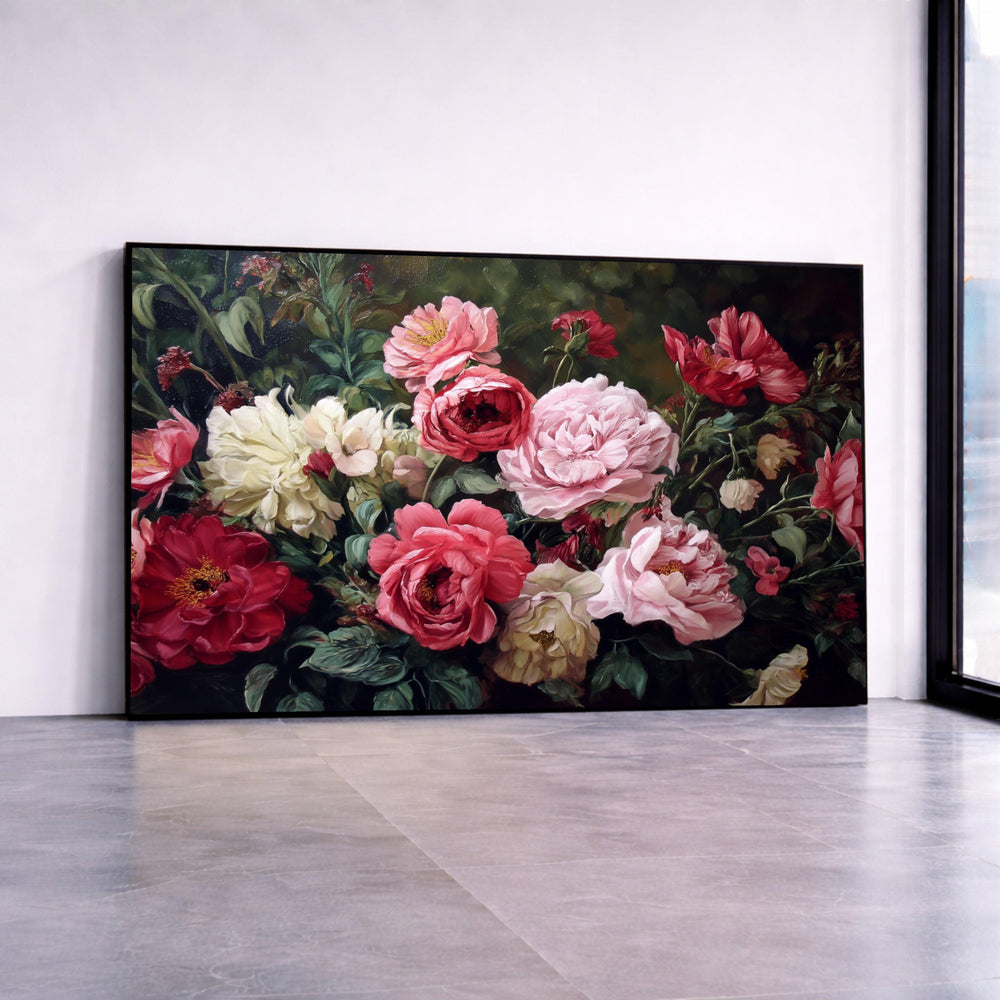 Vintage Floral Canvas Wall Art, Peony Bouquet Painting, Romantic Pink and Red Flowers, Classic Botanical Canvas, Elegant Canvas Print Art