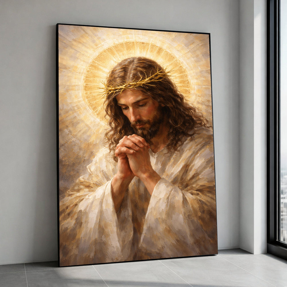 Praying Jesus Crown of Thorns Canvas Print, Christian Religious Wall Art
