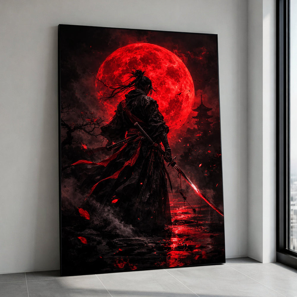 Samurai Warrior with Blood Moon Canvas, Dark Fantasy Wall Art, Japanese Sword Art, Red Moonlight Landscape, Modern Martial Canvas Print Art